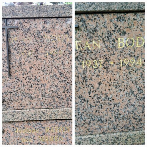 Dorure à la feuille d'or sur une porte de colombarium ornée d'une gravure de 1994