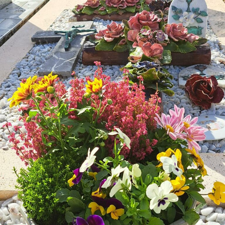 THAIRE – Nettoyage complet du pourtour et du cœur de la concession. Pose de gravier. Rénovation de la plaque en marbre et pose d’une composition de saison.