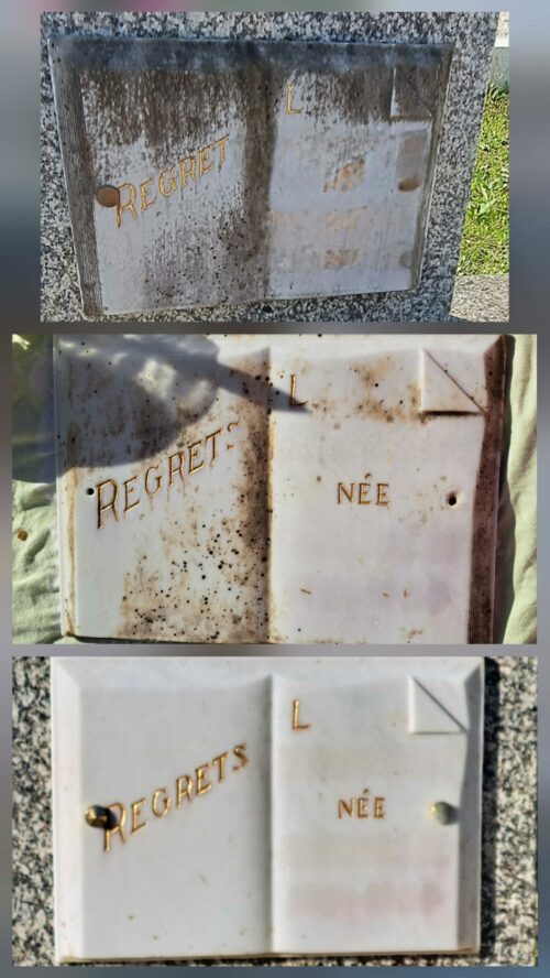 THAIRE – Nettoyage complet du pourtour et du cœur de la concession. Pose de gravier. Rénovation de la plaque en marbre et pose d’une composition de saison.