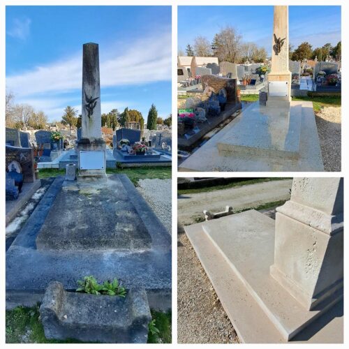 SAINT GEORGE DU BOIS – Nettoyage complet du monument et ses ornements + application d’un hydrofuge de surface afin de protéger durablement la pierre