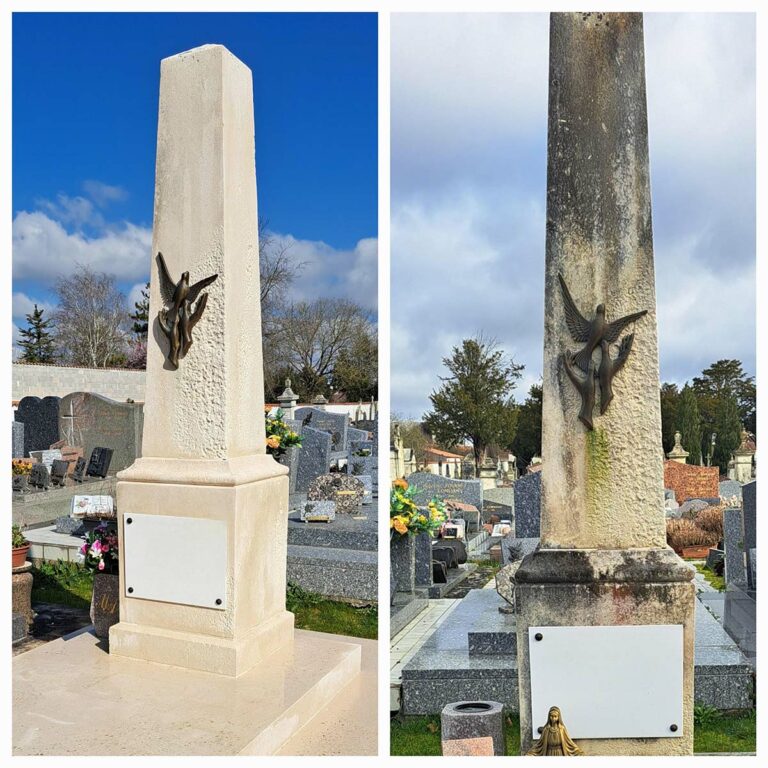 SAINT GEORGE DU BOIS – Nettoyage complet du monument et ses ornements + application d’un hydrofuge de surface afin de protéger durablement la pierre